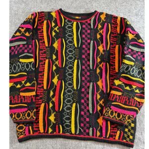 VINTAGE 90s Sweater Mens Multicolor Abstract Textured Knit Grandpa Hippie Medium